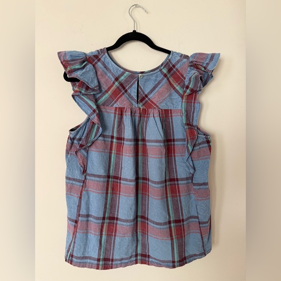 By Anthropologie Amarette Plaid Ruffled Sleeve Boho 100% CottonTop - Picture 6 of 13